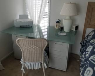 Two file cabinet base; glass top; wicker chair - pretty work station