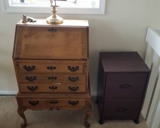 Slant top writing desk; two-drawer rolling file cabinet