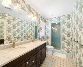 Double bath vanity; vanity lights; mirror; medicine cabinet