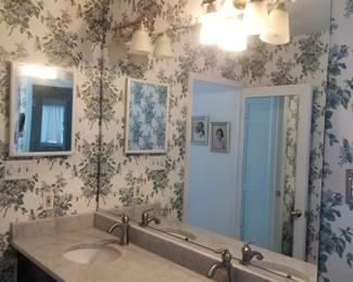 Double bath vanity; vanity lights; mirror; medicine cabinet