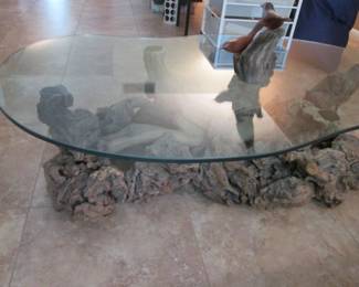 Coffee Table, Serpentine-Glass Top on Driftwood Base.        60" X 36"