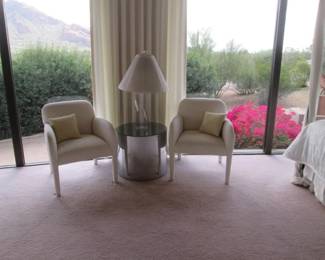 Pair of Accent Chairs; Lucite MCM Table Lamp by  Oggetti.  Mirrored Accent Table