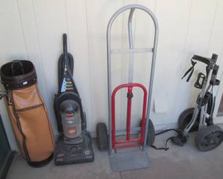 Golf Bag & Cart, Dolly & Several Vacuum Cleaners