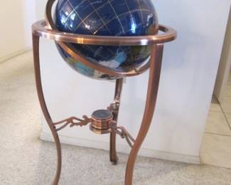 Lapis & Gem Stones World Globe by "Unique Art" in Floor Stand with Directional Device  