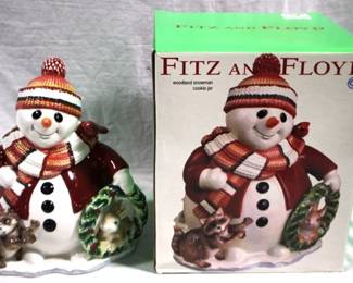 7472 - Fitz & Floyd Woodland Snowman Cookie Jar With Box
