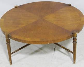 3877 - Vintage banded inlay round coffee table 15 x 36 some veneer chips
