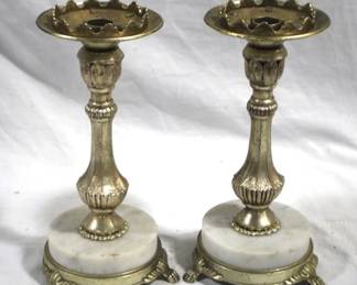 7665 - Pair of Marble Based Candle Stick Holders 10.25" tall
