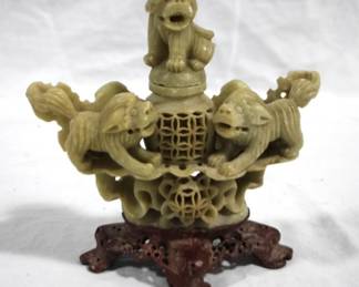 7315 - Chinese Snuff Bottle, carved stone fu dogs 6.5" tall

