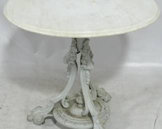3017 - Vintage Iron Base Marble Top Table 29.5x29.5" Missing one caster on foot

