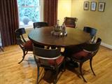 Custom, one-of-a-kind Round Dining Table created with antique woods with 6 Round Backed Iron Chairs - ASKING $3,200 or best offer