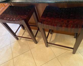 PAIR OF GREAT WOOD AND WOVEN LEATHER COUNTER STOOLS