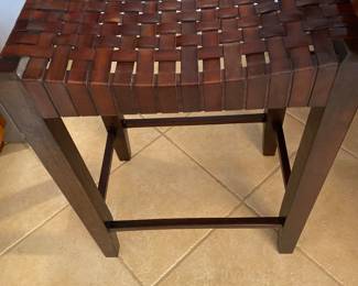 PAIR OF GREAT WOOD AND WOVEN LEATHER COUNTER STOOLS