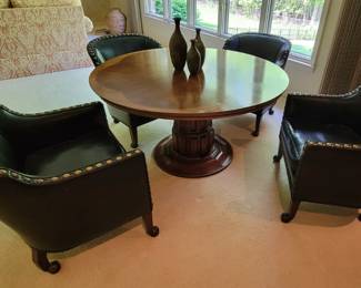 STUNNING MID-CENTURY WIDDICOMB PEDESTAL TABLE AND BARREL CHAIRS