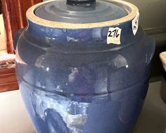 #276 kitchen pottery blue cookie jar 9 inch tall $35.00