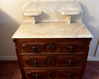 #4 Antique marble top end table with 3 dove tail drawers as is back wobble 30x16.5x29.5-30t $175.00