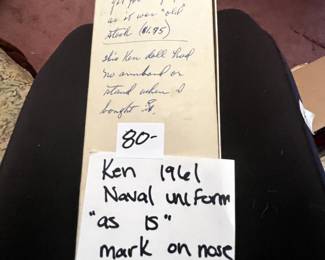 #106 1961 Ken Naval Uniform, as is mark on nose $80.00