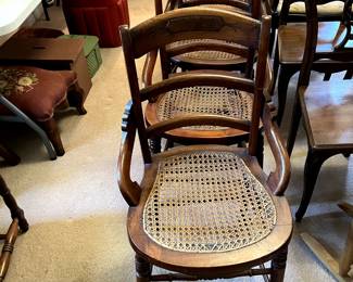 #17	6 vintage chairs with cane seat ,2 as is seat chairs 	 $90.00 			
