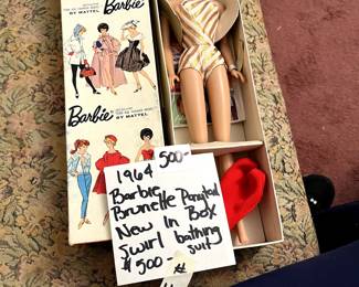 #119 1964 Barbie Brunette Ponytail in swirl bathing suit, NRFB $500.00