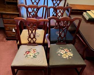#1 table DR antique double pedestal dining table w 3 leaves, pads 6 needle point chairs 60-96x42x29 as is foot $240.00