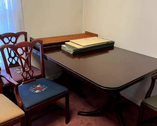 #1 table DR antique double pedestal dining table w 3 leaves, pads 6 needle point chairs 60-96x42x29 as is foot $240.00