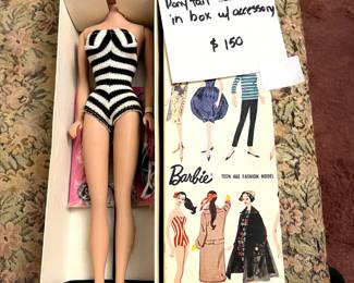 #234 1961 #850 Blonde Pony tail Barbie in box w accessories $150.00
#235 1961 #850 Blonde Pony tail Barbie in box w accessories $150.00