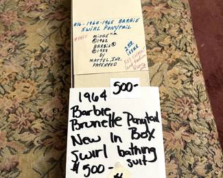 #119 1964 Barbie Brunette Ponytail in swirl bathing suit, NRFB $500.00
