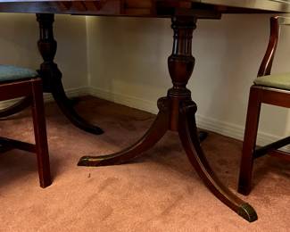 #1 antique double pedestal dining table w 3 leaves, pads 6 needle point chairs 60-96x42x29 as is foot $240.00