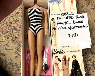 #233 1961 #850 Blonde Pony tail Barbie in box w accessories $150.00