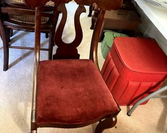 #32 small odd dining chair with red velvet seat $30.00