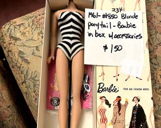 #234 1961 #850 Blonde Pony tail Barbie in box w accessories $150.00
#235 1961 #850 Blonde Pony tail Barbie in box w accessories $150.00