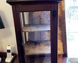 #25 DR M.A. Simmons liver medicine 1 door cabinet w/3 wood shelves glass around, 15x30 $260.00