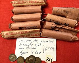 #219 1917, 1918, 1919 Lincoln cents Philadelphia Mint, average circulated, approx. 8 rolls $50.00