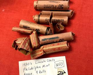 #222 1920s Lincoln cents Philadelphia Mint, approx. 9 rolls $50.00