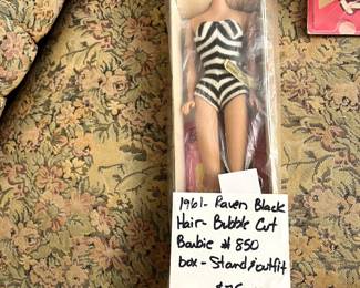 #225 1961 Raven Black Hair, bubble cut Barbie in box #850 $75.00