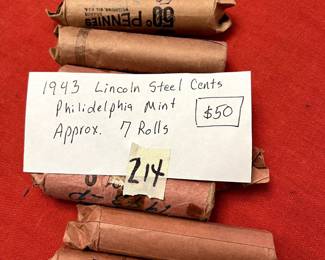 #214 1943 Lincoln Steel cents, Philadelphia Mint, Approx. 7 rolls $50.00