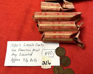#216 1920s Lincoln cents, San Francisco Mint, Average circulated, approx. 3.5 rolls $40.00