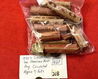 #218 1930s Lincoln cents San Francisco Mint, Average circulated approx. 7 rolls $60.00