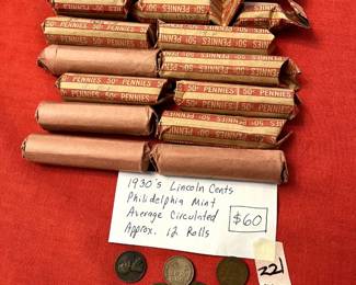 #221 1930s Lincoln cents Philadelphia Mint, average circulated, approx. 12 rolls $60.00