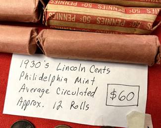 #221 1930s Lincoln cents Philadelphia Mint, average circulated, approx. 12 rolls $60.00