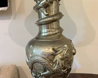 Lot #96 - $175 Brass dragon lamp. One dragon missing ears(?). 19"H base. 31"H to finial. 8" wide.