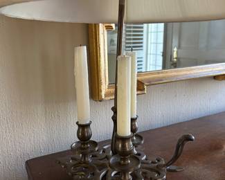 Lot#4 - $75 Brass foyer lamp. 2 lights, 3 candlesticks, toggle switch. 20" to top of finial, 10" longest width