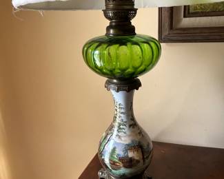 Lot #33 - $75 Lamp with painted and green glass base . Works, needs shade. 