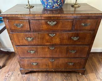 Lot #40 - $650 -Dining Room chest. 3 drawers over 3. Top side drawers have a primitive lock system. Some cracks on veneer. 41-1/2"H x 43-1/2"W x 21-1/2"D
