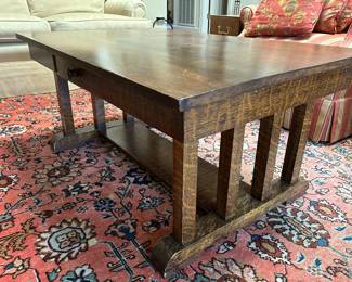 Lot #23 - 150 Faux oak Mission style table with one drawer. 42"x26" x 18"H