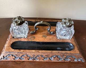 Lot #34 - $60  inkstand and bottles. 10-3/4"x7-3/4". Bottles are 3"H