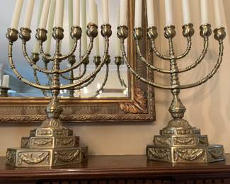 Lot 46 - $300  Pair of brass candelabra 16"H x 14"W (8"W at base)