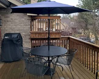Patio table, four chairs, umbrella and stand $200
