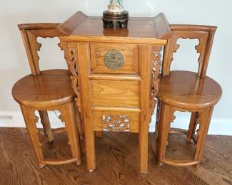 Oriental table 19"w x 14.5"d x 33.5h with one drawer and two chairs - reduced to $100 all 3 pieces