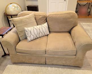 Pair of Whittemore Sherrill beige microsuede loveseat with rope edges - reduced to $100 ea