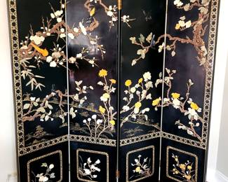 Oriental Chinoiserie Lacquered four panel room divider/dressing screen with carved soapstone florals and birds and Mother of Pearl inlay. 64"w x 72"h. - reduced to $300